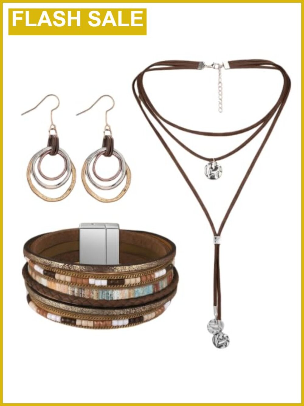 Boho Western Jewelry Set Layered Choker Earrings Leather Wrap Bracelet